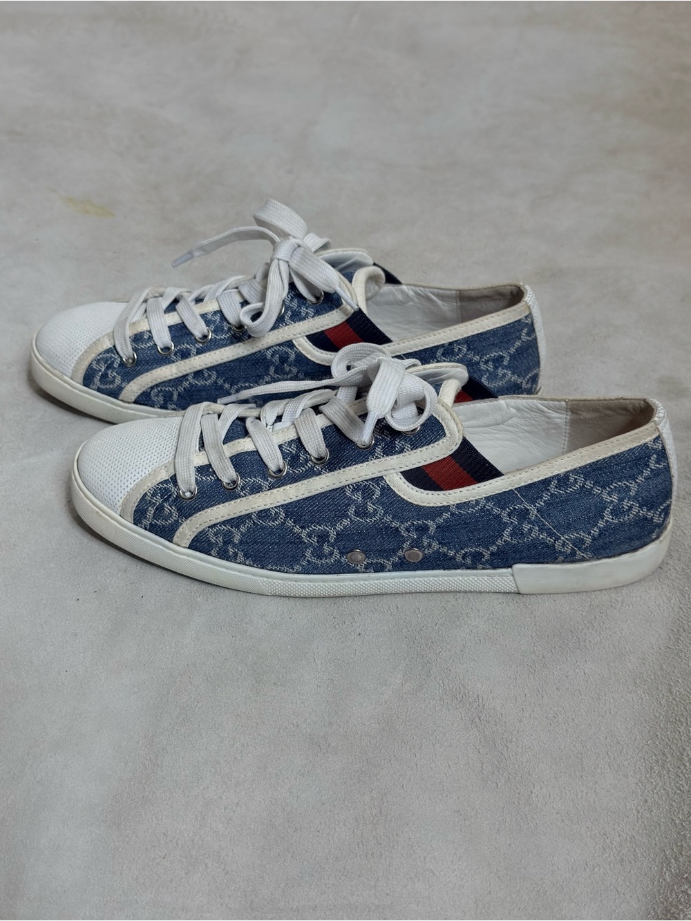 Gucci Denim Low-Top Sneakers in Blue, White and Red